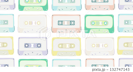 Audio cassette tapes seamless pattern, cartoon cute flat design 132747143