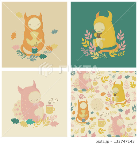 Seamless pattern, illustrations with cute cartoon monsters, mugs of tea, cookies 132747145