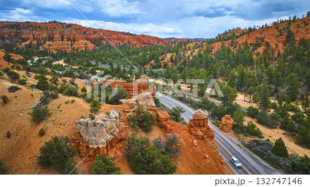 Aerial Red Canyon Hoodoo Formations Scenic Road Pine Forest Utah Aerial Red Canyon Hoodoo Formations Scenic Road Pine Forest Utah 132747146