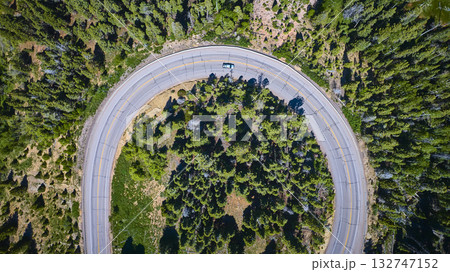 Aerial Horseshoe Bend Road in Dixie National Forest Utah Winding Through Evergreen Trees 132747152