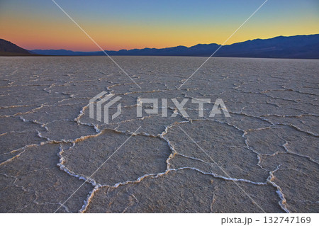 Salt Flats Pattern at Sunset in Badwater Basin Nevada Desert Golden Hour Salt Flats Pattern at Sunset in Badwater Basin Nevada Desert Golden Hour 132747169