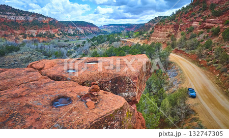 Aerial Red Sandstone Cliffs Winding Road Blue Car Kanab Utah Aerial Red Sandstone Cliffs Winding Road Blue Car Kanab Utah 132747305