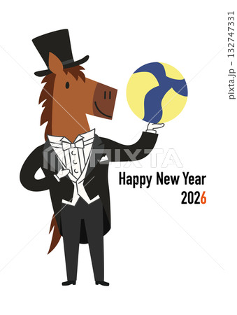 バレーボールを持った燕尾服のかわいい馬の2026年午年年賀状用ベクターイラスト バレーボールを持った燕尾服のかわいい馬の2026年午年年賀状用ベクターイラスト 132747331