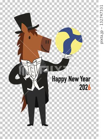 バレーボールを持った燕尾服のかわいい馬の2026年午年年賀状用ベクターイラスト バレーボールを持った燕尾服のかわいい馬の2026年午年年賀状用ベクターイラスト 132747331
