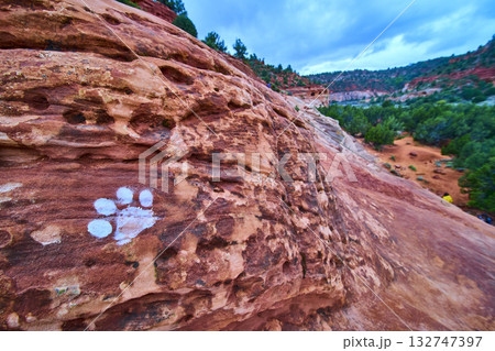 Red Sandstone Rock with White Paw Print Marking in Desert Canyon Trail 132747397