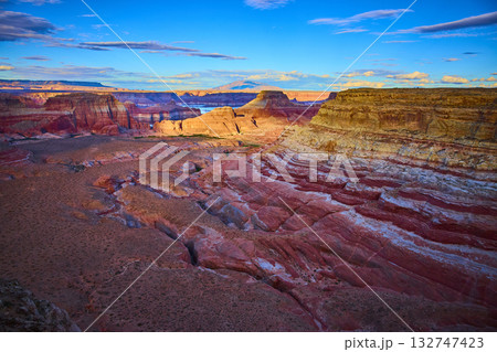 Aerial Grand Canyon Striated Cliffs and Lake Powell at Golden Hour 132747423