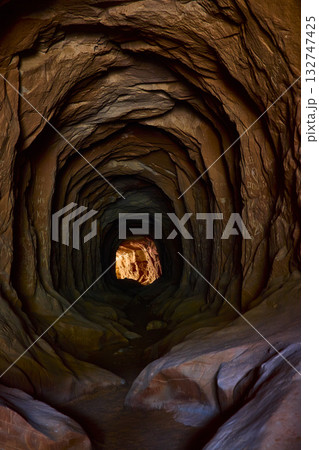 Rugged Red Rock Tunnel Cave Interior with Sunlit Exit and Natural Striations Rugged Red Rock Tunnel Cave Interior with Sunlit Exit and Natural Striations 132747425