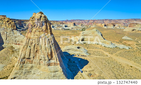 Aerial Sandstone Monolith and Desert Landscape with Campers Utah 132747440