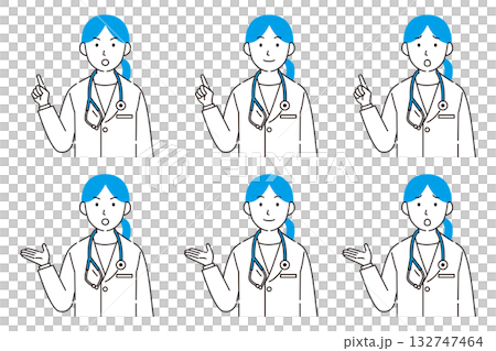 一組描繪不同面部表情和姿勢的女醫生插畫 132747464
