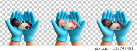 Newborn babies lying safely in doctor's caring and protective big hands, 3d illustration symbolizing neonatal care, medicine, the beginning of life 132747481