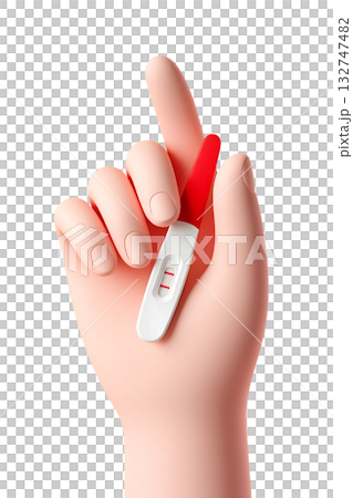 Cartoon 3d hand happily holding positive pregnancy test showing two distinct red stripes, isolated on clean background for family planning concepts 132747482