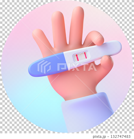 Cartoon 3d hand happily holding positive pregnancy test showing two distinct red stripes, isolated on clean background for family planning concepts 132747483