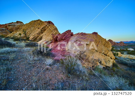 Colorful Sandstone Formations Desert Landscape and Vegetation at Sunrise 132747520