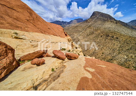 Red Rock Canyon Sandstone Formations and Turtlehead Peak with Hiker Nevada 132747544