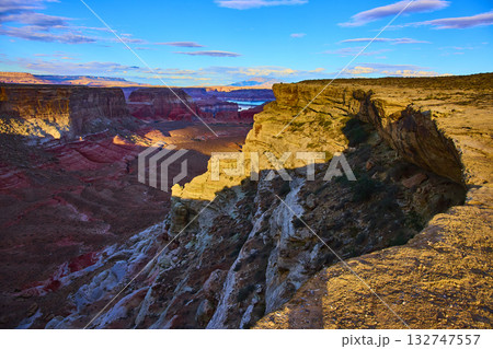 Golden Sandstone Cliffs and Lake Powell Canyon at Sunrise Alstrom Point Utah Golden Sandstone Cliffs and Lake Powell Canyon at Sunrise Alstrom Point Utah 132747557