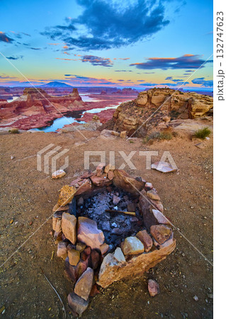 Campfire Ring Overlooking Lake Powell and Desert Mesas at Golden Hour 132747623