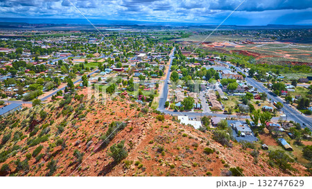 Aerial Small Town and Red Rock Desert Landscape Kanab Utah 132747629