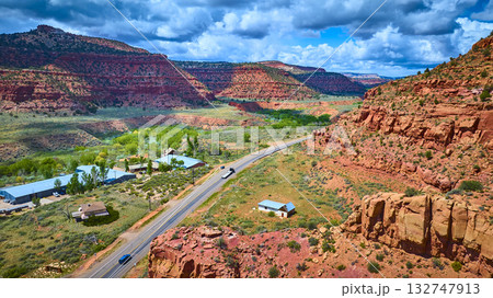 Aerial Red Rock Mesas and Desert Highway in Southwest Utah 132747913