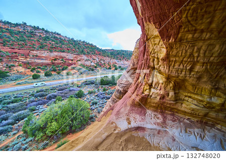 Sandstone Canyon Wall with RV on Desert Highway Kanab Utah 132748020