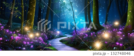 Enchanting Forest Path Illuminated by Magical Fireflies and Purple Flowers Enchanting Forest Path Illuminated by Magical Fireflies and Purple Flowers 132748046