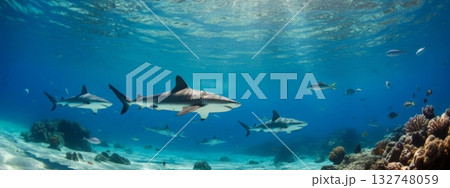Underwater Scene with Sharks and Fish in Blue Ocean Underwater Scene with Sharks and Fish in Blue Ocean 132748059