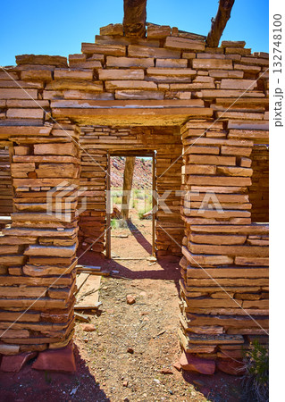 Abandoned Desert Stone Building Entrance Southwest Ruins Harsh Sunlight 132748100