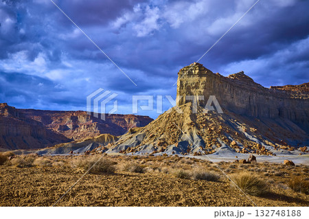 Dramatic Desert Mesa and Stormy Sky at Alstrom Point Lake Powell Utah 132748188