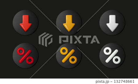 3D price and discount icons with down arrow and percent sign. Modern vector design symbolizing sale, offer, and financial decrease for business, economy, or Black Friday promotion 3D price and discount icons with down arrow and percent sign. Modern vector design symbolizing sale, offer, and financial decrease for business, economy, or Black Friday promotion 132748661