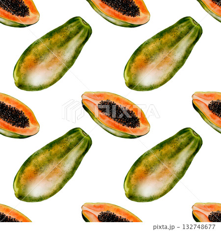 Papaya watercolor seamless pattern. Hand drawn ripe tropical fruit on white background. Ideal for textile, cosmetics and product packaging 132748677