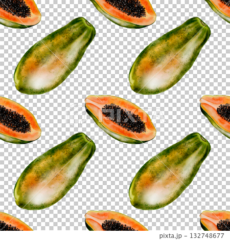 Papaya watercolor seamless pattern. Hand drawn ripe tropical fruit on white background. Ideal for textile, cosmetics and product packaging 132748677