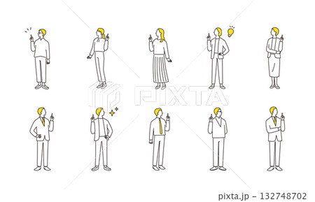 ひらめく、指差しをするビジネスパーソンの全身イラストセット 132748702