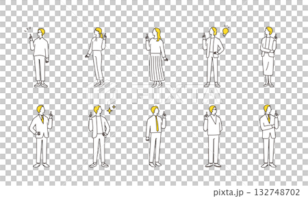 ひらめく、指差しをするビジネスパーソンの全身イラストセット 132748702