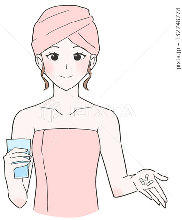 サプリを飲む女性のイラスト 132748778