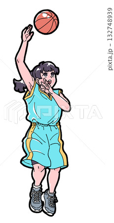 バスケットボールでフックシュートをする女の子のイラスト バスケットボールでフックシュートをする女の子のイラスト 132748939