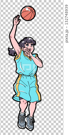 バスケットボールでフックシュートをする女の子のイラスト バスケットボールでフックシュートをする女の子のイラスト 132748939