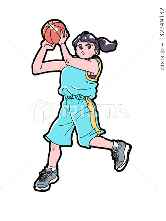 バスケットボールでリバウンドをする女の子のイラスト バスケットボールでリバウンドをする女の子のイラスト 132749132