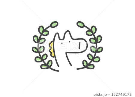 白馬と月桂冠のかわいいエンブレム　2026 正月素材　シンボル 132749172