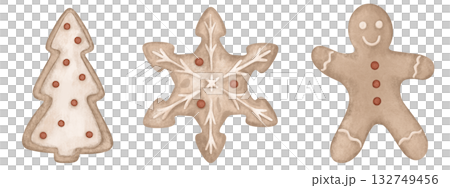 Set of new year cookies beige gingerbread man decorated with colorful icing and fir tree and snowflake. Festive holiday decorations, capturing the cozy and cheerful spirit of Christmas illustration Set of new year cookies beige gingerbread man decorated with colorful icing and fir tree and snowflake. Festive holiday decorations, capturing the cozy and cheerful spirit of Christmas illustration 132749456