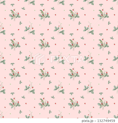 Botanical, kids style seamless pattern with wild strawberry flowers and berries on a white background. Background for children's room decor, wallpaper. Hand drawn illustration woodland strawberries. 132749459