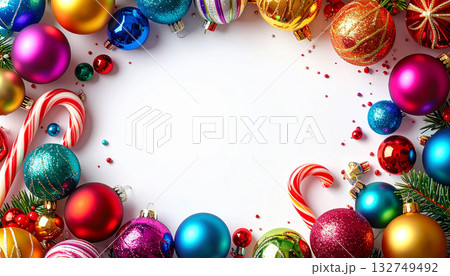 A vibrant border of colorful baubles and candy canes closing in a blank center for text placement. 132749492