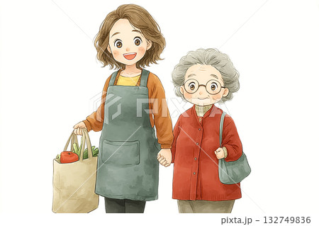 美優シリーズ：美優が高齢者をエコバッグ持ちでサポートしているシーン 132749836