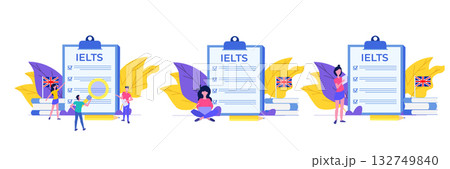 English Proficiency Test and Exam. IELTS International English Language Testing System. Vector illustration set, collection. 132749840