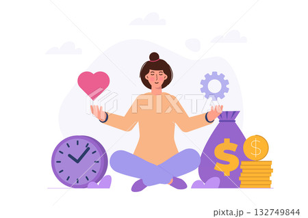 Work life balance, Businesswoman Meditation concept. Flat Vector illustrations set for banner, website, landing page, flyer. 132749844