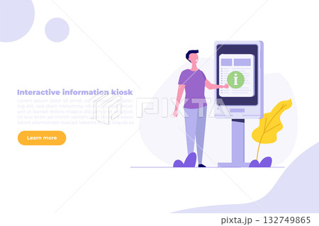 Man using self service terminal, Interactive information kiosk concept. Flat Vector illustration for banner, website, landing page, flyer. 132749865