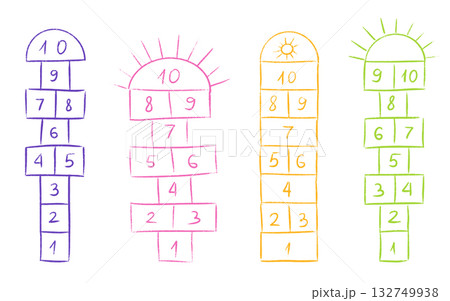 Hopscotch game templates in colorful chalk style with numbered squares from one to ten. Playground hop and scotch street activity layouts for kid recreation and school yard entertainment. 132749938