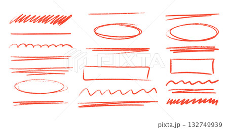 Red crayon marker underline set with highlight strokes, oval circles and wavy lines. Textured pencil elements for emphasis or annotation in educational materials and presentations. Red crayon marker underline set with highlight strokes, oval circles and wavy lines. Textured pencil elements for emphasis or annotation in educational materials and presentations. 132749939