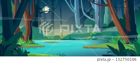 Tropical night jungle with river background banner in cartoon design. Wildlife rainforest with misty, moon, lianas and bird on trees, lush bushes and fern, blue water pond. Vector cartoon illustration 132750106