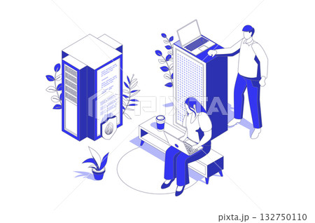 Data center 3d isometric concept in isometry graphic design for web. People scene with engineers work at server tech support, maintain infrastructure, monitoring security system. Vector illustration. Data center 3d isometric concept in isometry graphic design for web. People scene with engineers work at server tech support, maintain infrastructure, monitoring security system. Vector illustration. 132750110