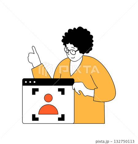 Cyber security concept with cartoon people in flat design for web. Woman using biometrics protection system and facial recognition. Vector illustration for social media banner, marketing material. Cyber security concept with cartoon people in flat design for web. Woman using biometrics protection system and facial recognition. Vector illustration for social media banner, marketing material. 132750113