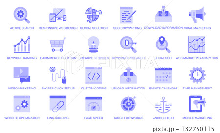 SEO optimization web icons set in duotone flat design. Pack pictograms with active search, global solution, copywriting, download information, viral marketing, keyword ranking. Vector illustration. 132750115